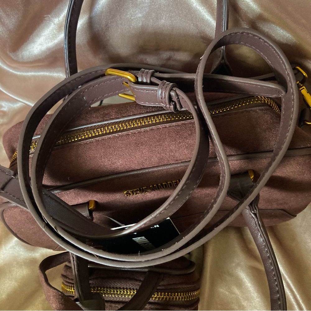 Steve Madden Brown Faux Suede Satchel with Coin Pouch and Top Handles - Picture 5 of 10